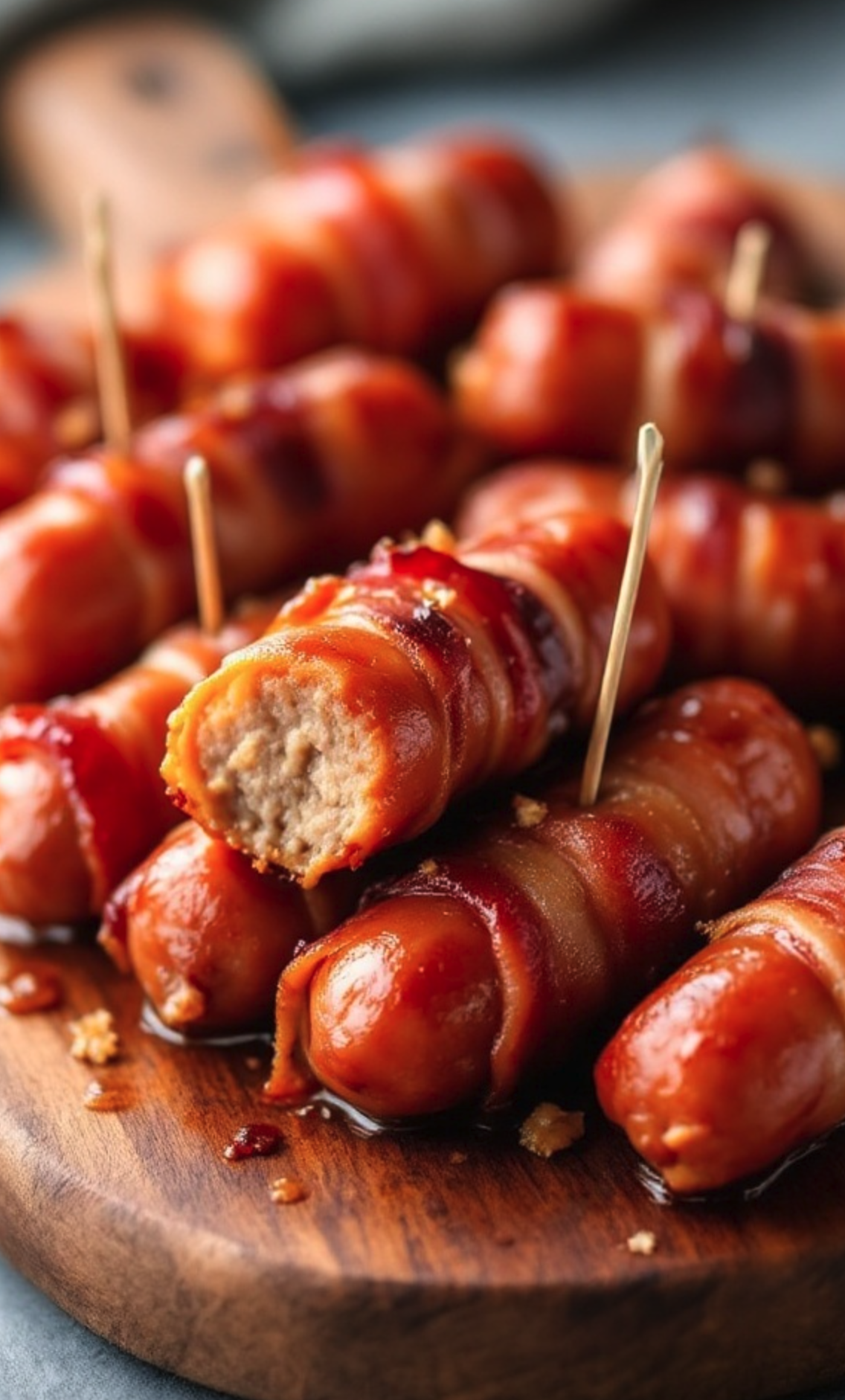 A close-up shot of bacon wrapped smokies on a wooden platter, showcasing their crispy texture and sweet glaze.