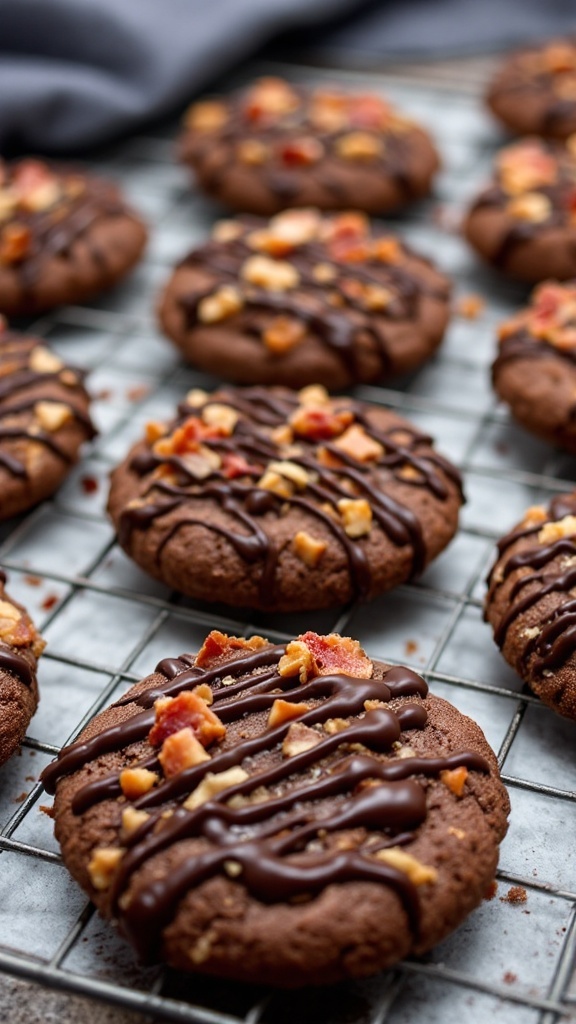 Delicious bacon-infused brown butter chocolate cookies with chocolate drizzle and bacon bits