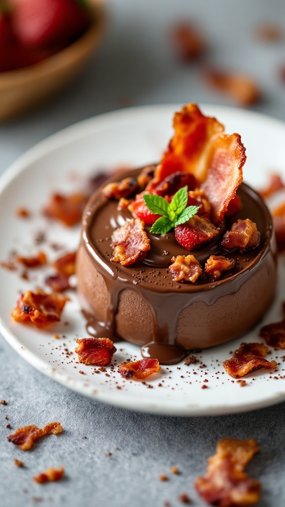 A delicious serving of bacon-infused chocolate mousse, garnished with crispy bacon bits.