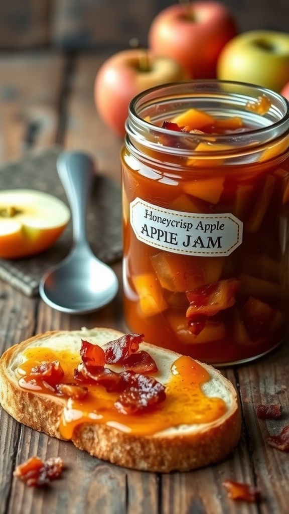 Homemade Honeycrisp apple and bacon jam in a jar with toast and fresh apples on a wooden table.