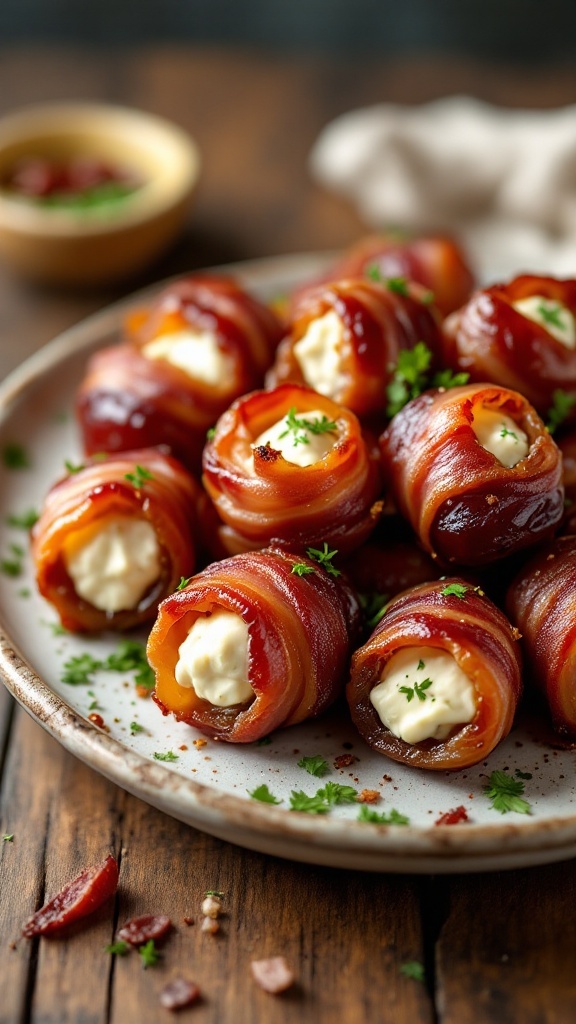 Bacon-wrapped dates filled with cream cheese, garnished with parsley