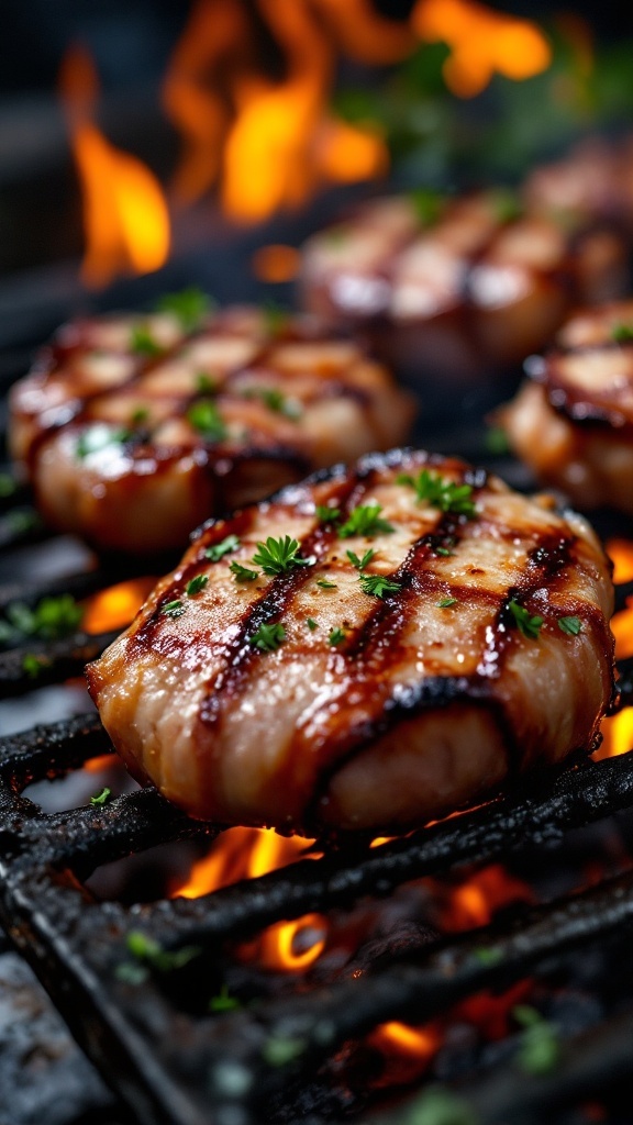 Bacon-wrapped venison medallions cooking on a grill
