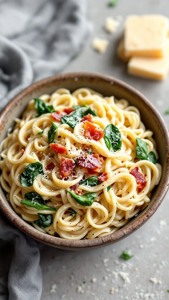 Bacon Alfredo pasta with spinach and Parmesan cheese in a bowl.