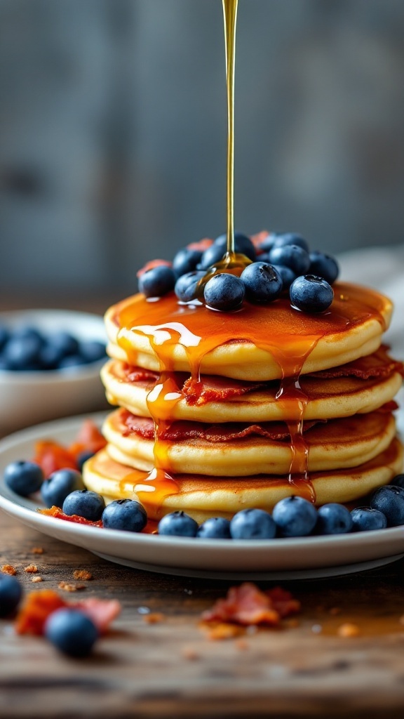 Stack of pancakes with bacon, blueberries, and syrup.