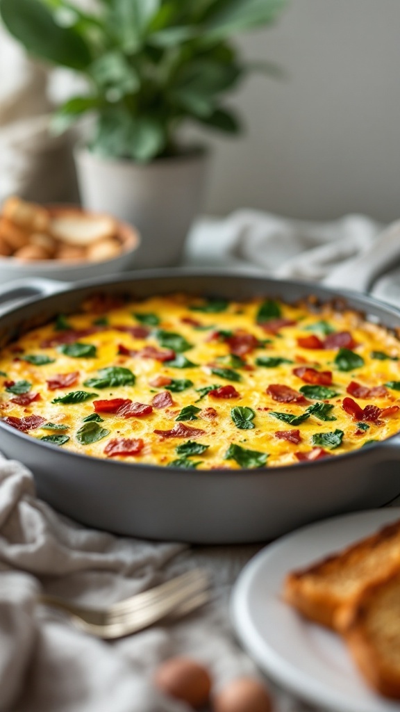 A delicious bacon and spinach frittata casserole served in a round baking dish, garnished with fresh green spinach.