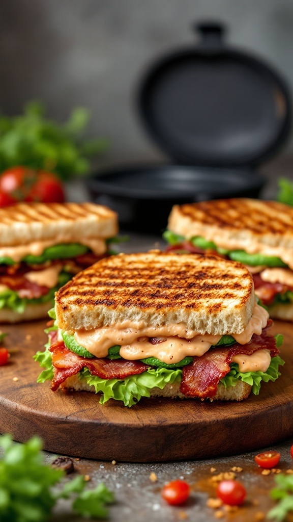 A delicious Bacon Avocado Panini with Chipotle Mayo, featuring colorful ingredients on a wooden board.