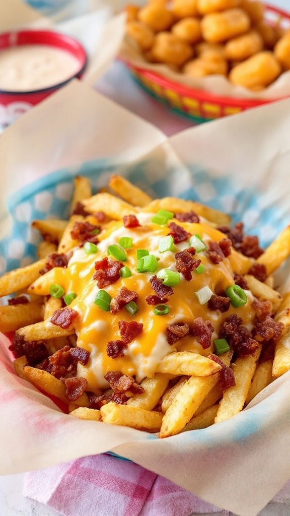 A basket of loaded fries topped with bacon, cheese, and chives.