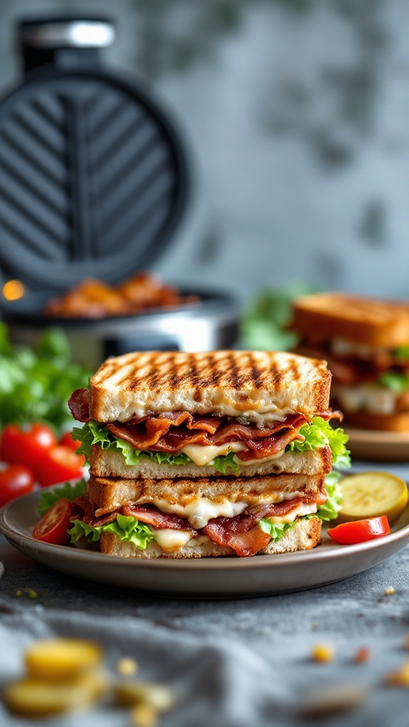 A delicious Bacon Jam and Brie Panini with fresh lettuce and tomatoes on a colorful plate.