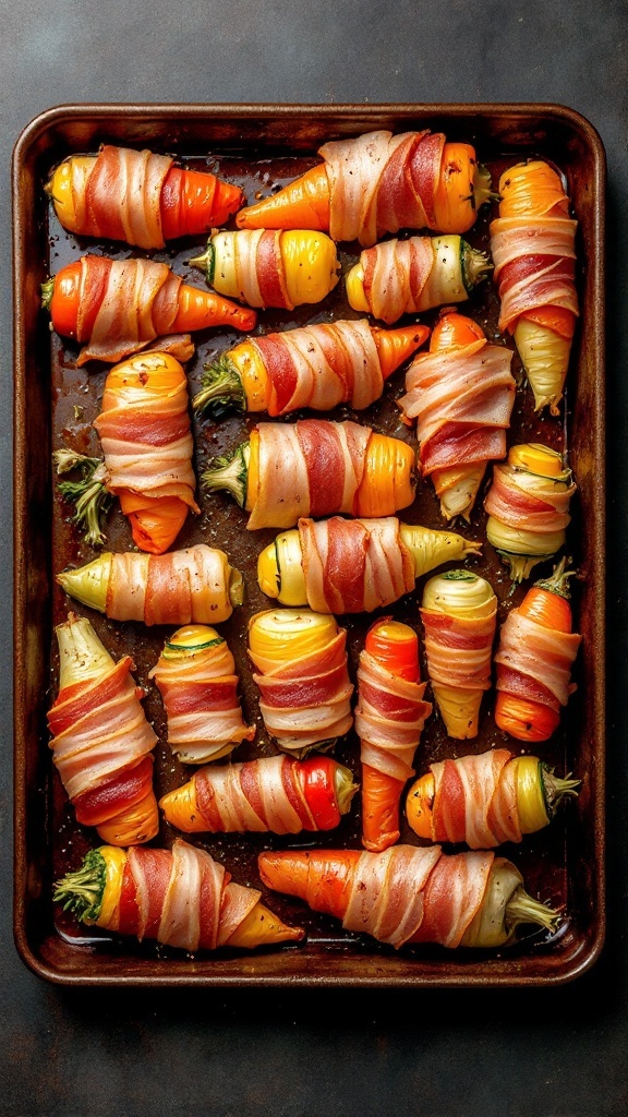 Bacon wrapped colorful vegetables on a baking tray