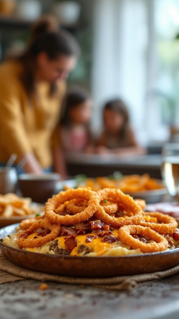 BBQ Bacon Cheeseburger Casserole with Onion Rings