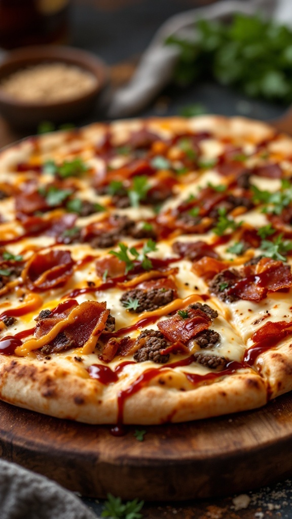 BBQ Bacon Cheeseburger Pizza with crispy bacon, ground beef, and melted cheese.