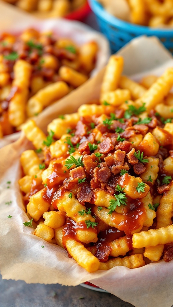 BBQ Bacon Crinkle Cut Fries topped with cheese and chives