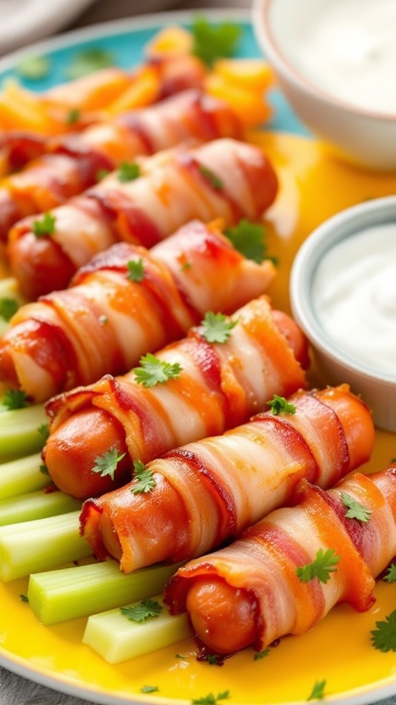Buffalo Ranch Bacon-Wrapped Lil Smokies on a platter with celery sticks and ranch dressing