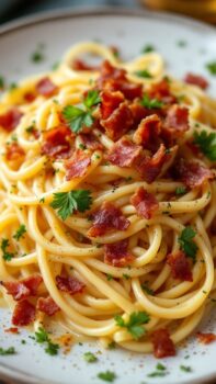 Creamy carbonara pasta topped with crispy bacon and parsley