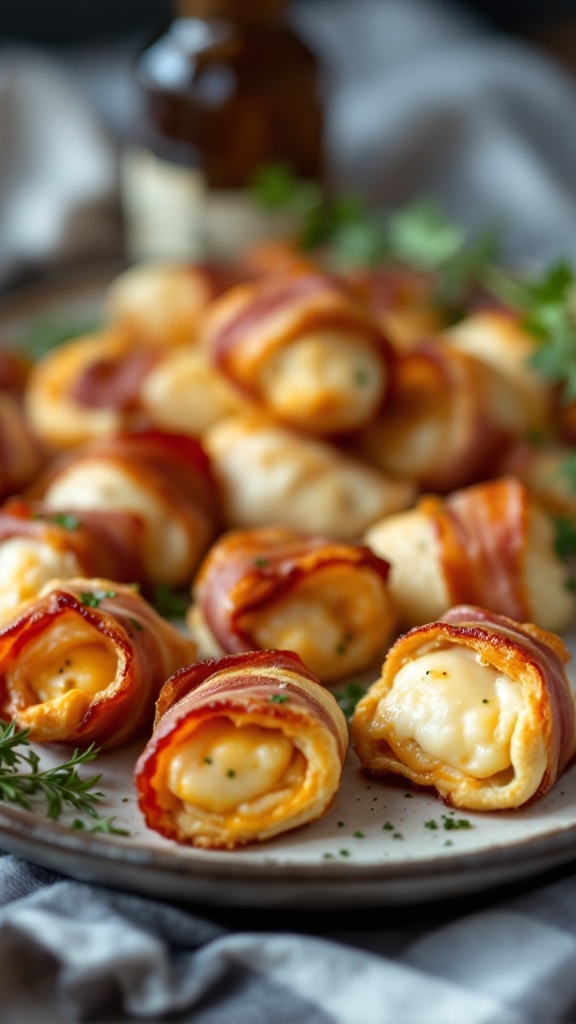 A plate of cheesy bacon-wrapped crescent bites, showcasing their golden color and crispy texture.