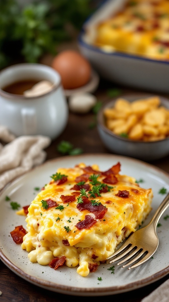 A delicious serving of cheesy bacon and egg casserole topped with crispy bacon and parsley.