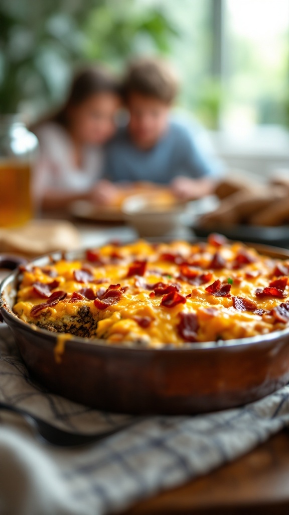 A delicious cheesy bacon burger casserole topped with crispy bits and melted cheese.