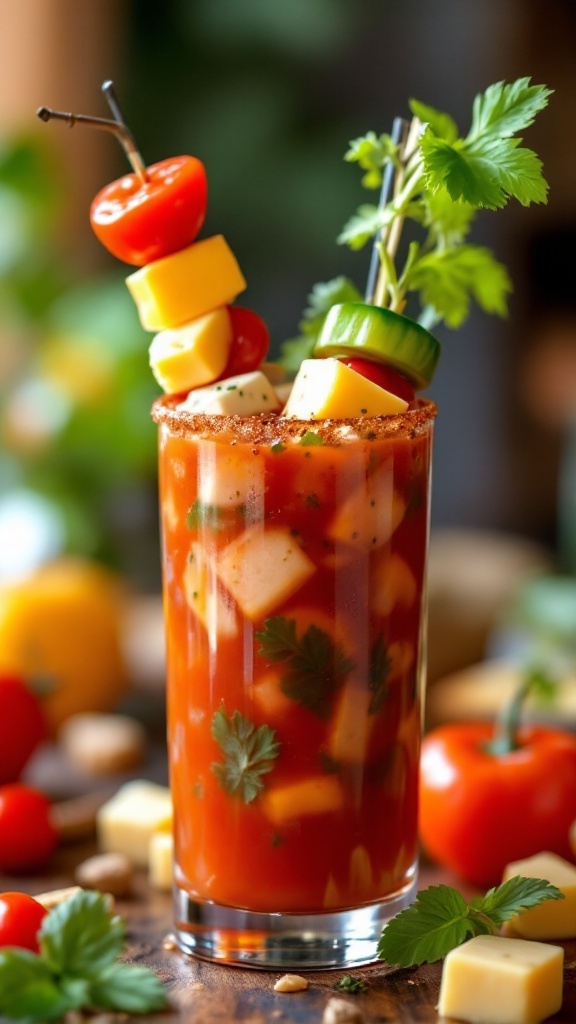 A refreshing Bloody Mary garnished with cheese and vegetable skewers.