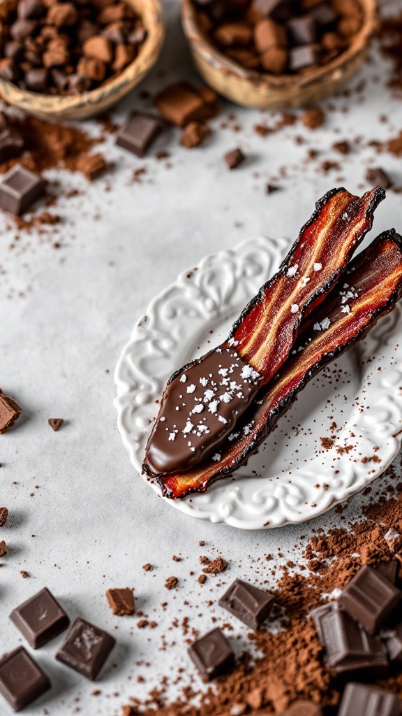 Delicious chocolate-covered bacon with sea salt on a decorative plate.