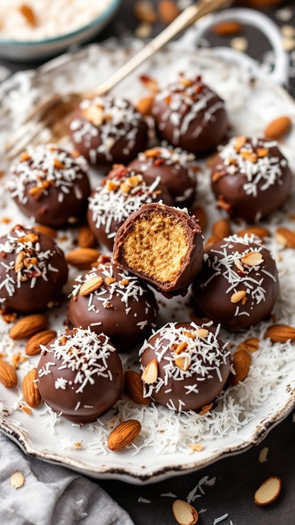 Coconut Almond Chocolate Bacon Bites on a plate