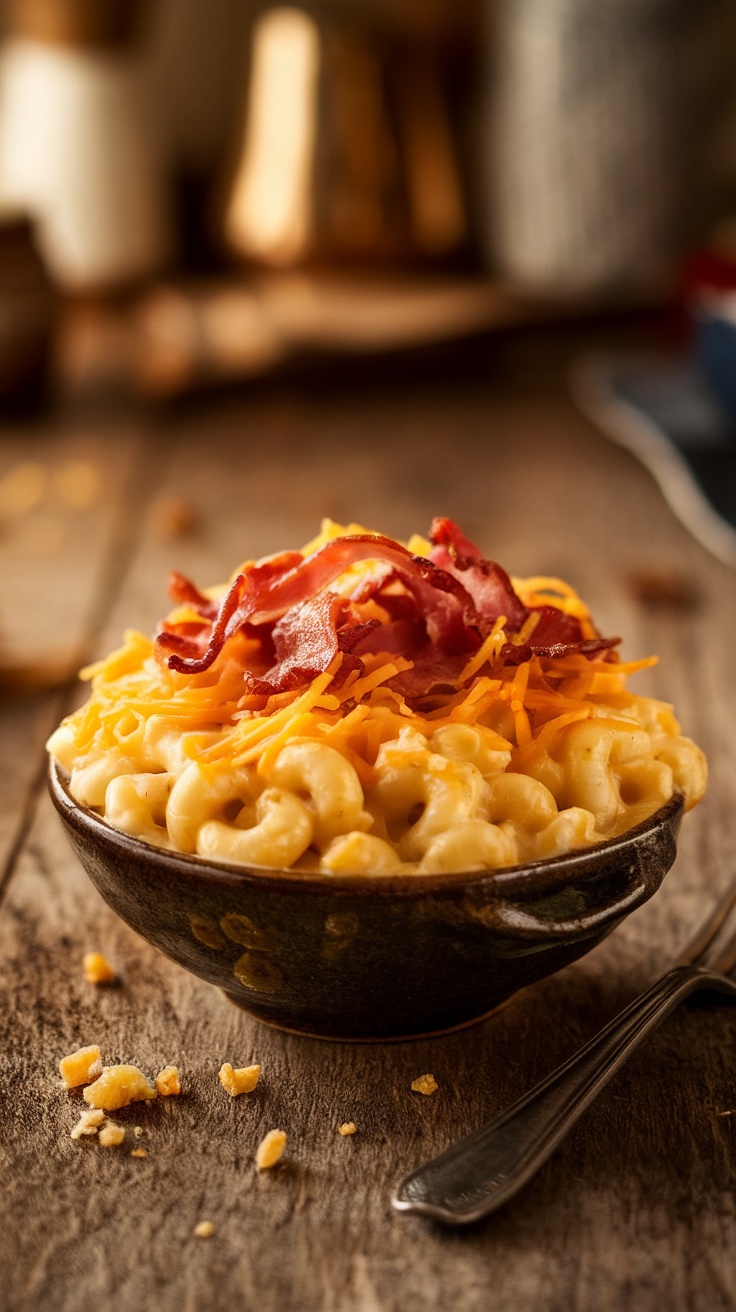 A bowl of creamy macaroni and cheese topped with crispy bacon and shredded cheddar.