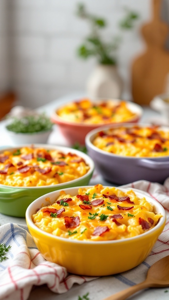 A delicious serving of creamy garlic bacon hashbrowns topped with cheese and crispy bacon.