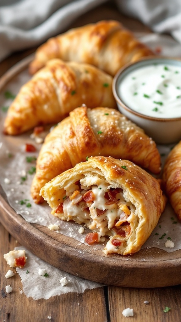 Delicious crispy chicken bacon ranch crescent pockets served with ranch dressing.