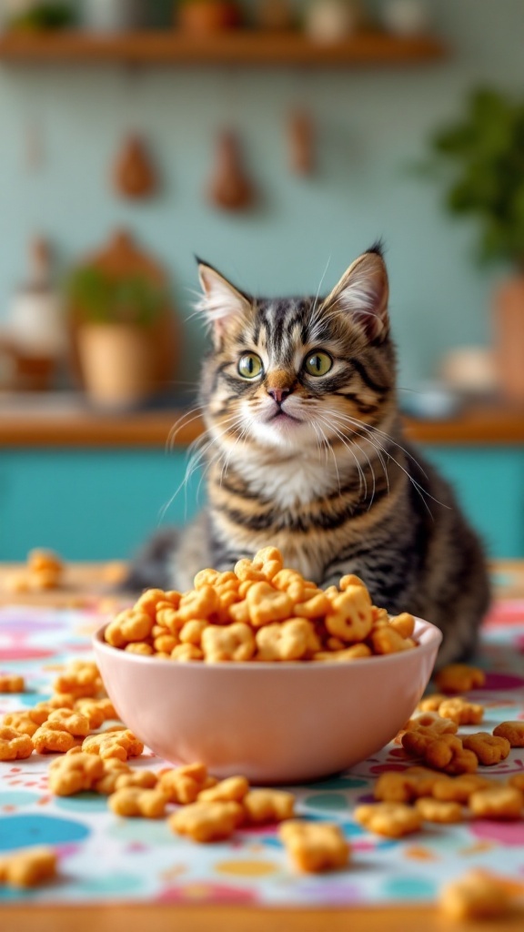 A bowl of crunchy cat crackers shaped like fish and hearts, along with a fluffy cat looking at them excitedly.