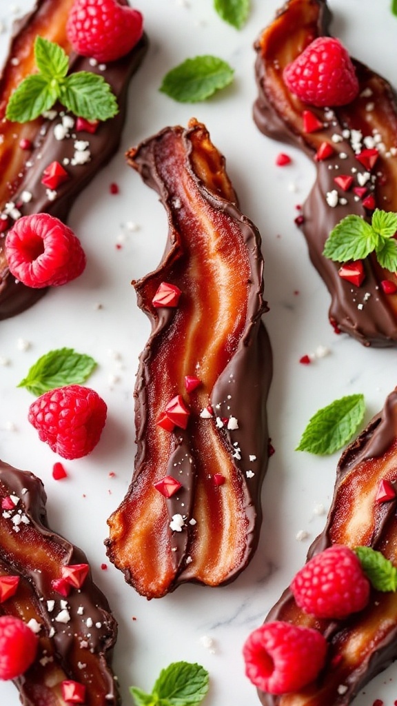 Dark Chocolate Raspberry Bacon Treats garnished with raspberries and mint
