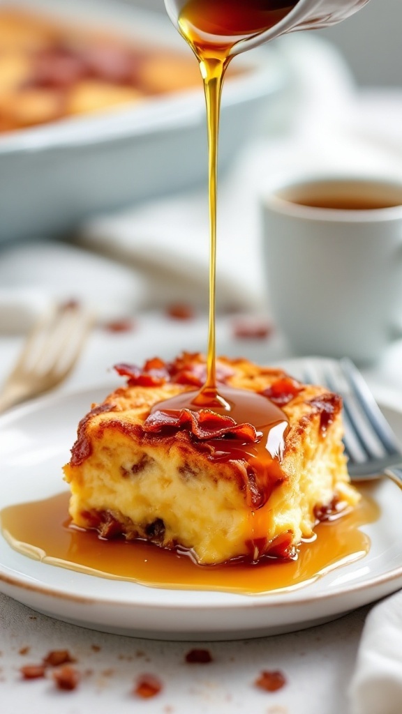 A slice of French toast casserole topped with bacon and syrup