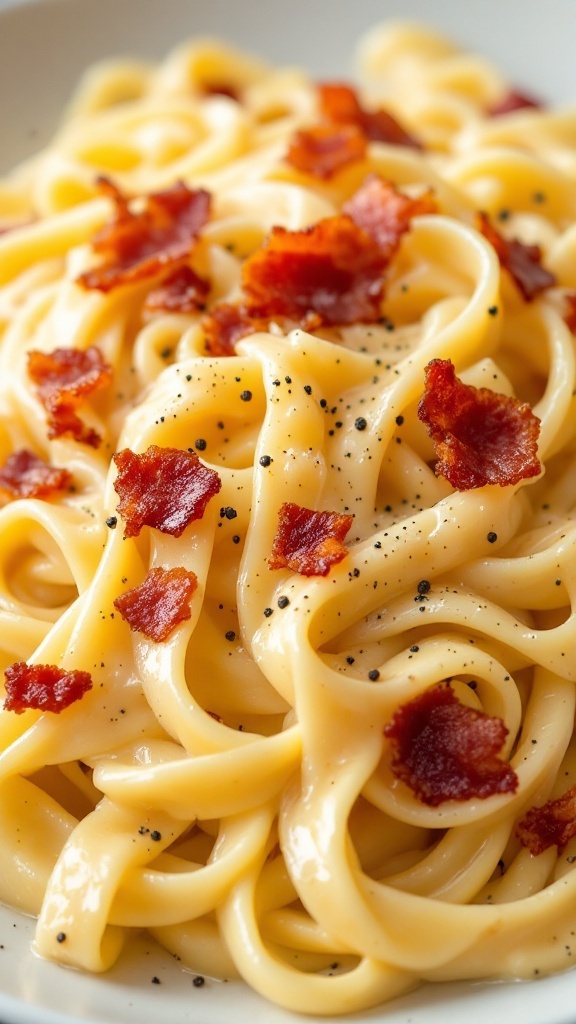 Plate of Garlic Parmesan Bacon Fettuccine topped with crispy bacon and parsley