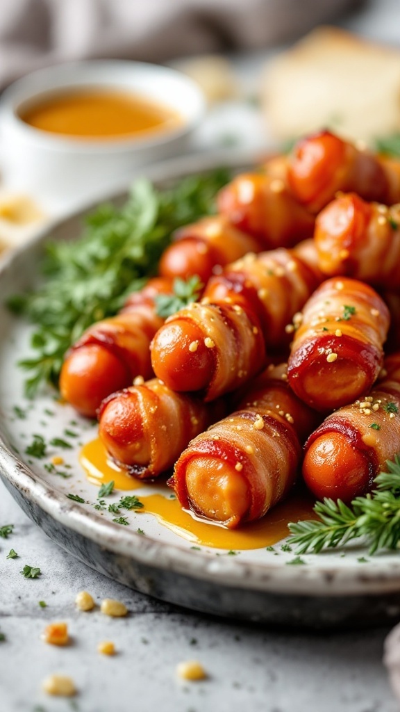 Honey mustard bacon-wrapped lil smokies on a plate with honey mustard sauce.