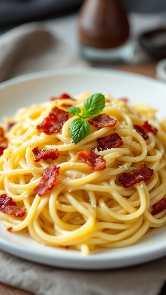 A delicious plate of Lemon Zest and Bacon Linguine topped with crispy bacon and fresh herbs.