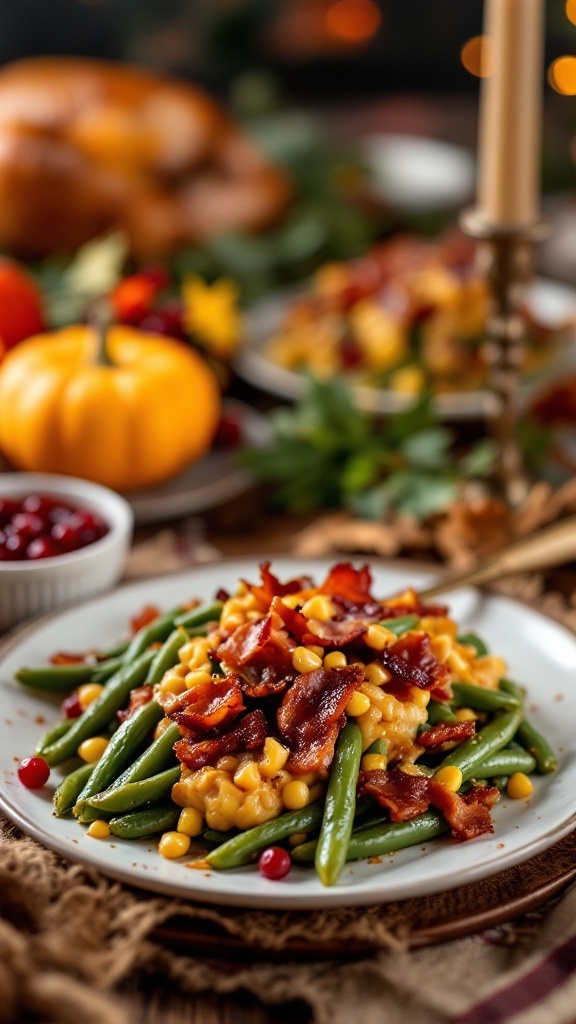 A delicious serving of maple-glazed bacon and green beans, garnished with crispy bacon bits and corn.