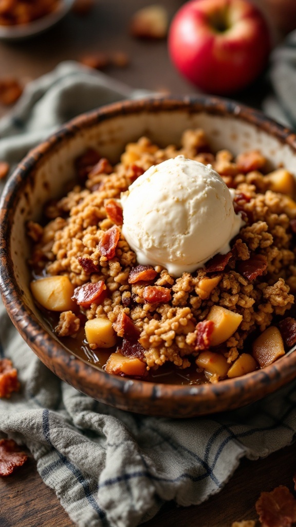 A delicious serving of Maple Bacon Apple Crisp topped with ice cream.