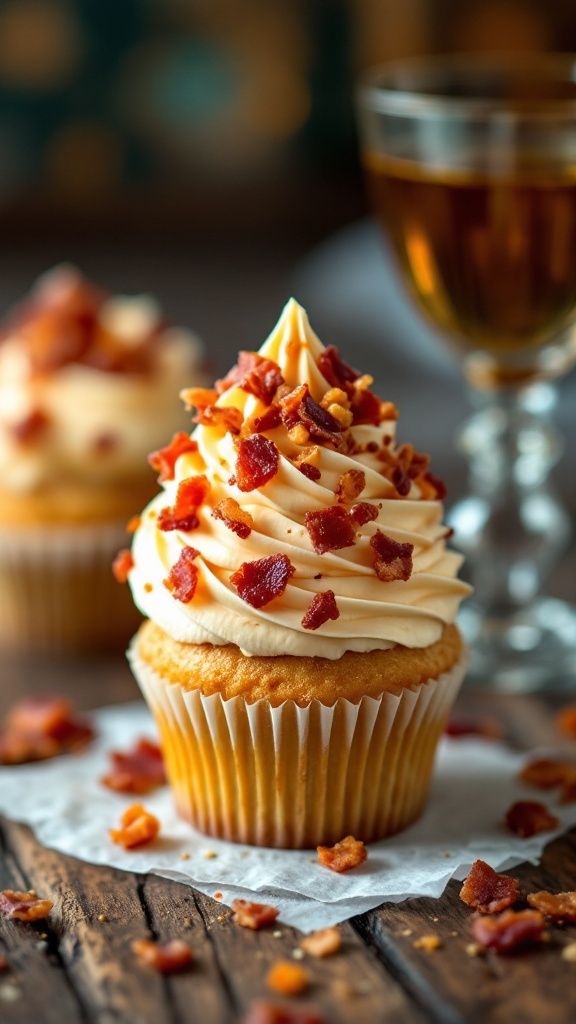 Maple Bacon Cupcakes decorated with maple buttercream and bacon bits.