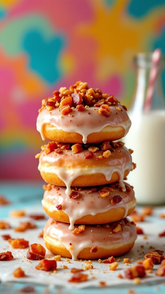 Maple bacon donuts stacked with a drizzle of glaze and topped with crispy bacon bits.