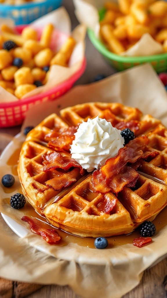 A delicious waffle topped with crispy bacon, whipped cream, and drizzled with maple syrup, accompanied by Tater Tots.