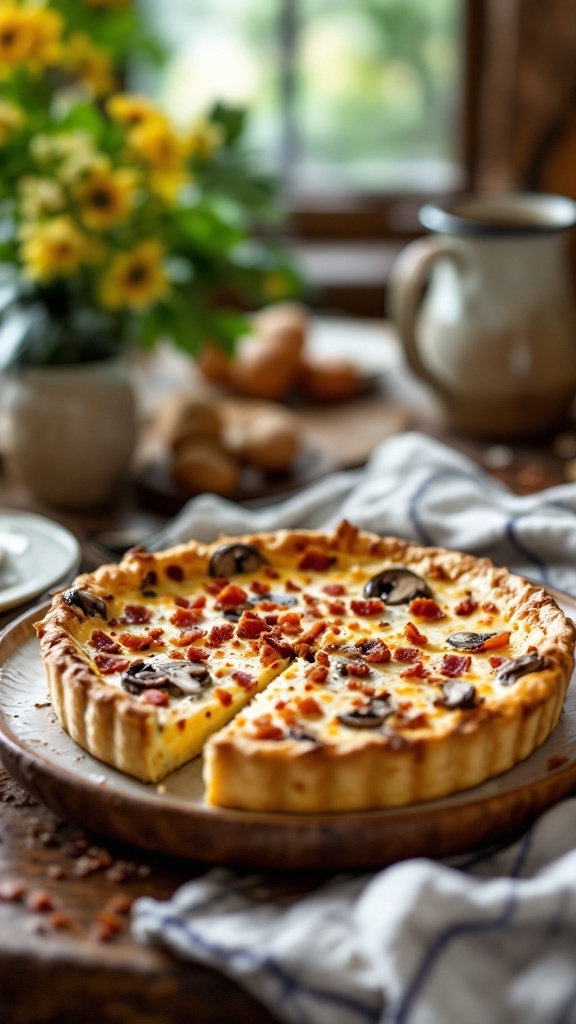 A slice of Mushroom and Gruyère Quiche with Bacon Crumble on a wooden table.