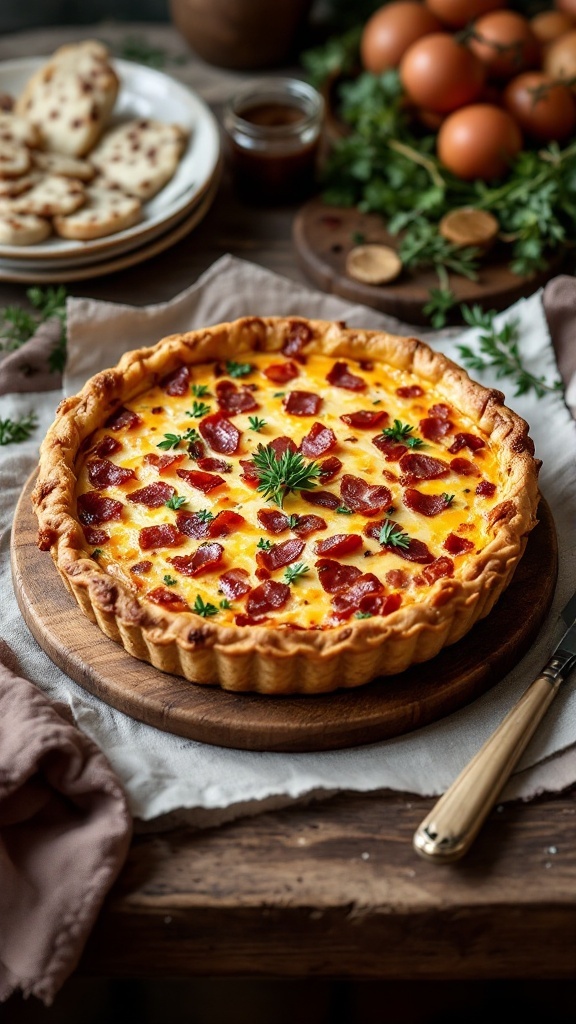 Savory Bacon and Cheddar Quiche on a wooden board