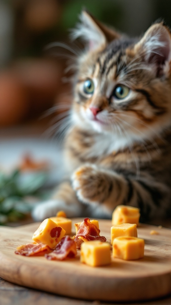 A playful cat with bacon and cheese cat treats on a wooden board.