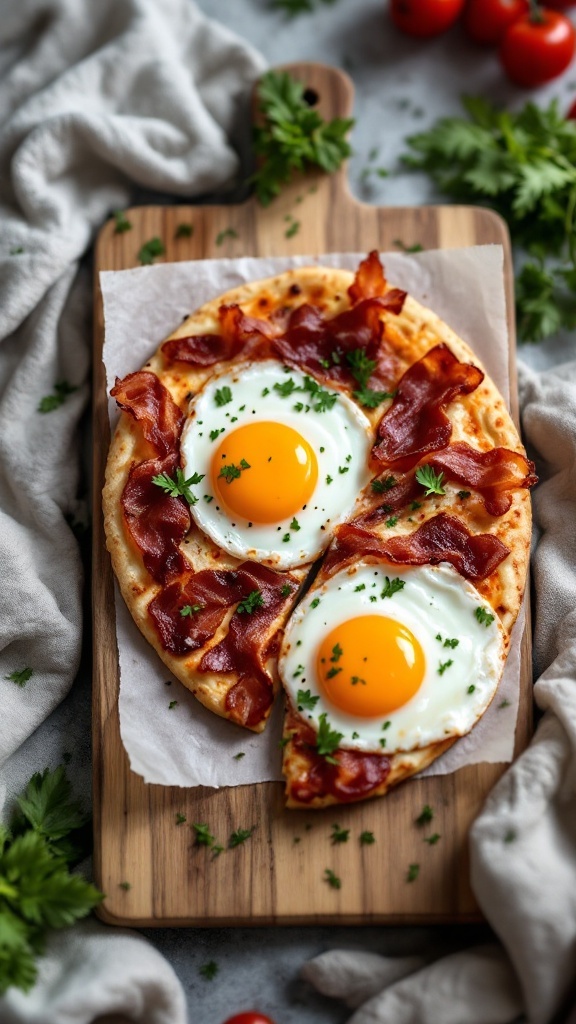 A delicious breakfast pizza topped with bacon and eggs on a wooden cutting board.