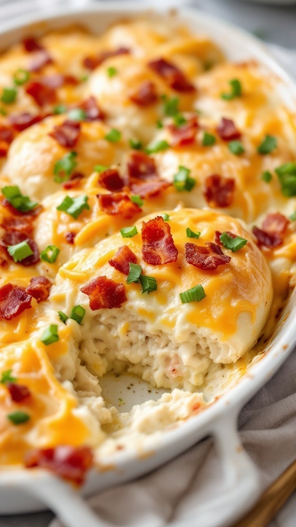 Savory Chicken Bacon Ranch Bake with crescent rolls, topped with cheese and green onions.