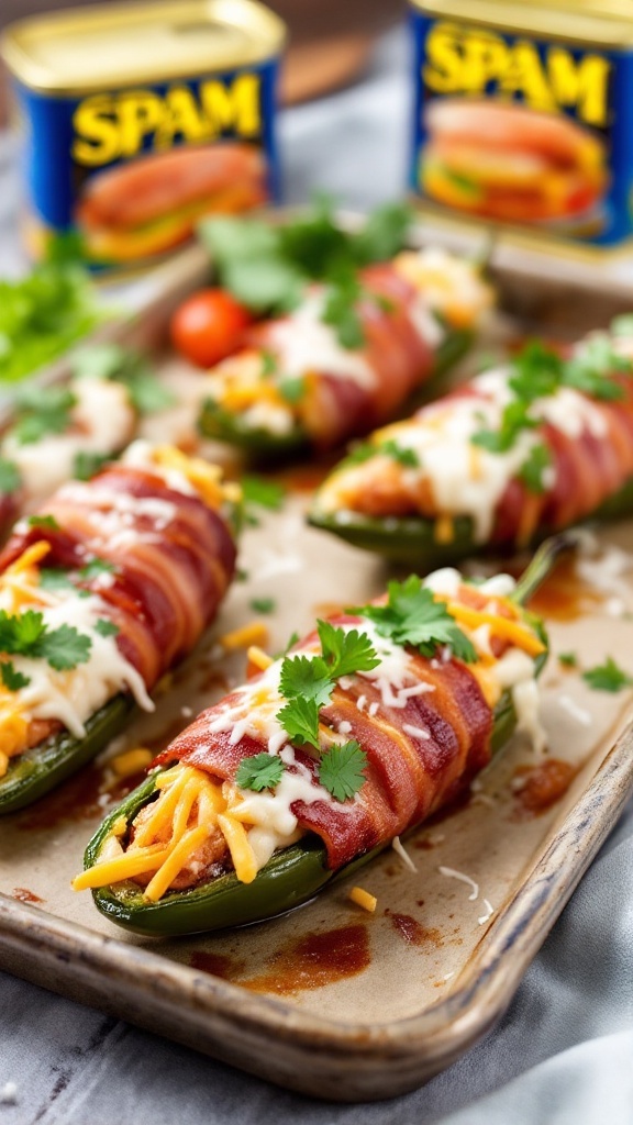 Savory SPAM-Stuffed Bacon Jalapeños on a baking sheet, garnished with cilantro.