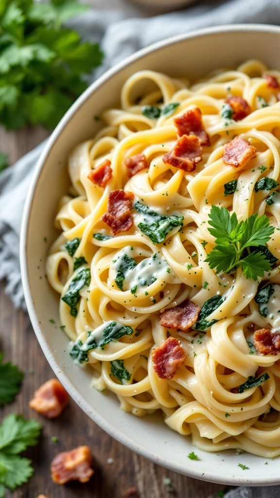Creamy Pasta Alfredo with Bacon and Spinach