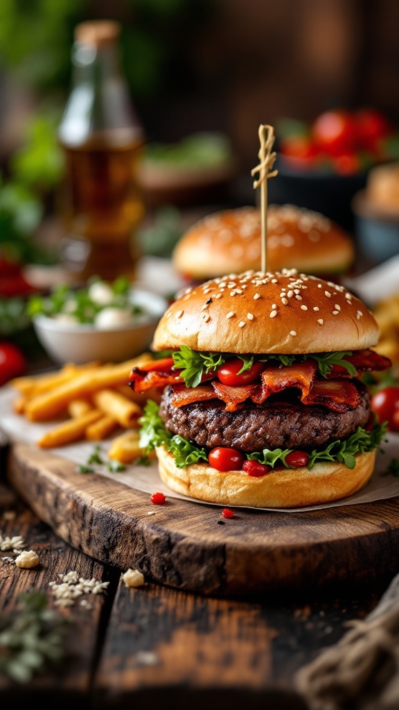 Delicious smoky venison bacon burgers with lettuce and tomatoes, served with fries.