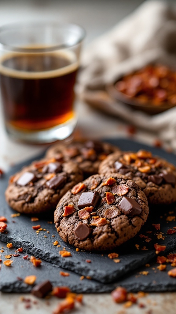 Spicy Bacon Chocolate Cookies on a slate plate.