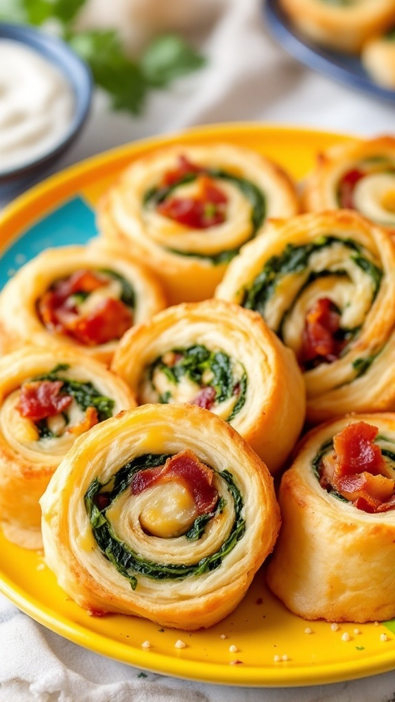 Spinach and Bacon Crescent Roll Pinwheels on a colorful plate