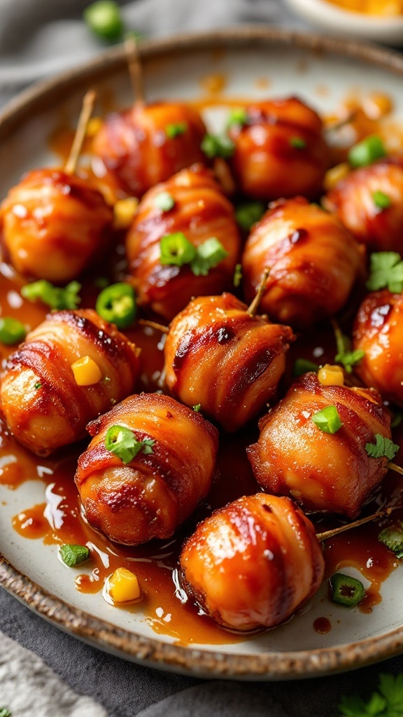 Plate of sweet and spicy bacon-wrapped lil smokies garnished with green onions.