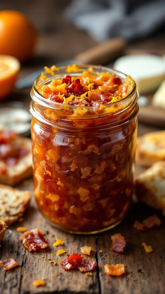Homemade apricot and bacon jam in a jar with toasted bread and fresh apricots.